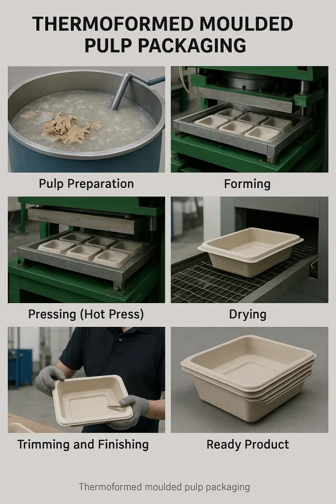 Moulded pulp packaging process, Thermoformed moulded pulp packaging process, moulded pulp. pulp packaging, recycled packaging, recyclable packaging