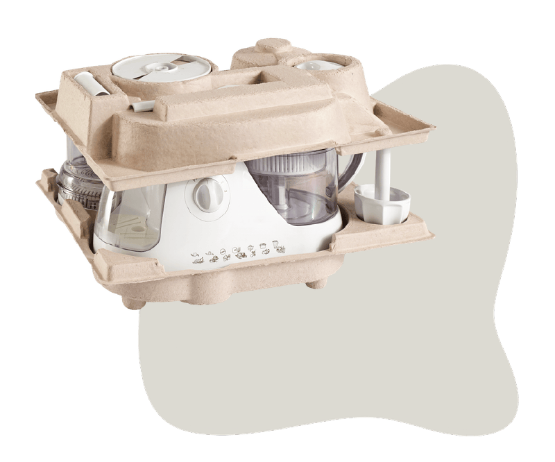 Custom molded pulp packaging for household appliances providing sustainable protective support