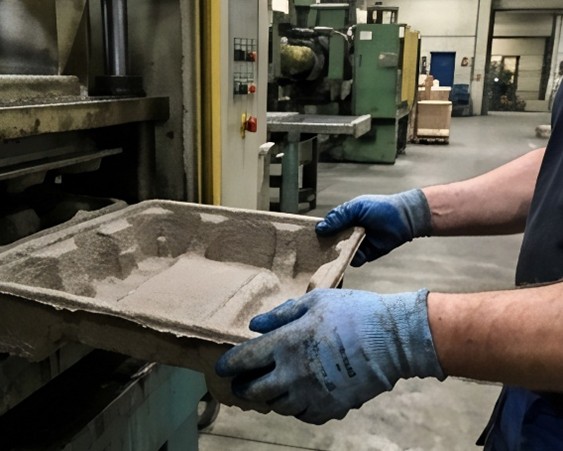 A factory worker in a European facility removing a wet molded pulp tray from an industrial production mold under harsh fluorescent lighting.