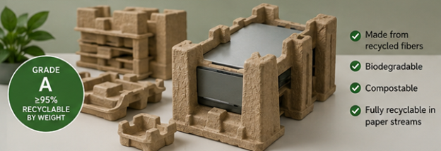 Molded pulp packaging for sustainable and protective product packaging made from recycled paper fibers.