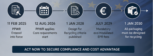 Timeline of the PPWR regulation showing key milestones for the Packaging and Packaging Waste Regulation in the European Union.